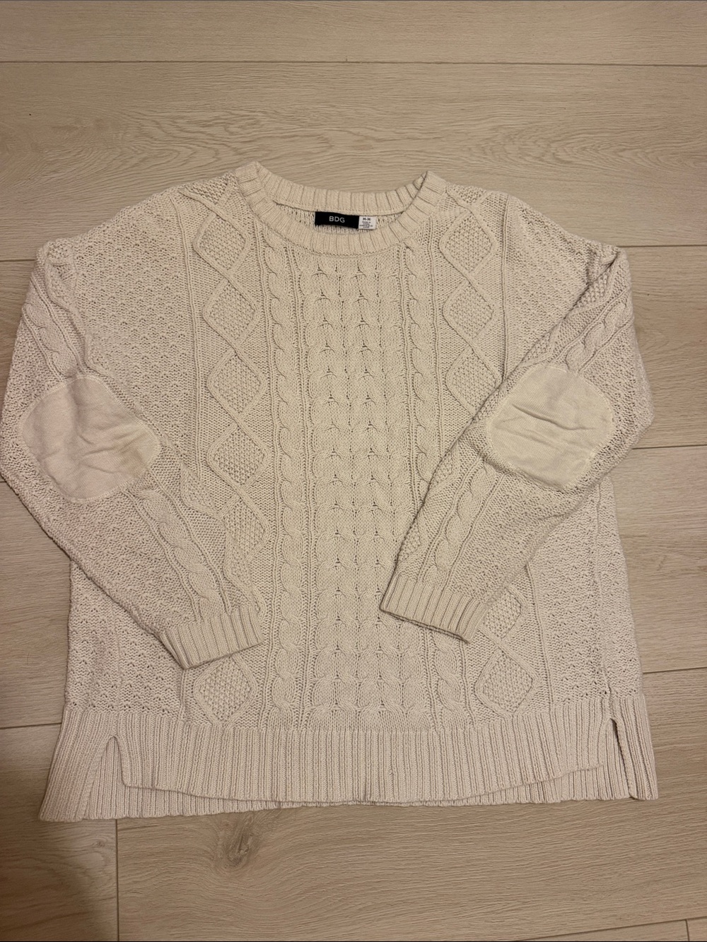 BDG Ivory Cable Crewneck Sweater with Elbow Patches